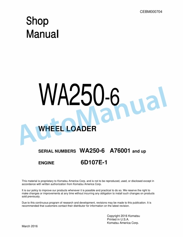 Komatsu WA250-6 Wheel Loader Shop Manual CEBM000704 1 Komatsu WA250-6 Wheel Loader Shop Manual CEBM000704