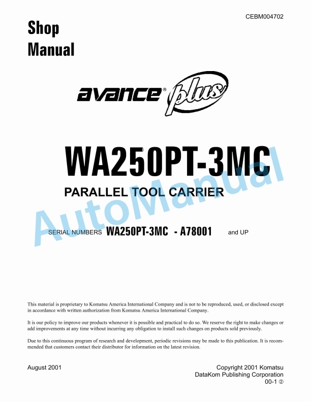 Komatsu WA250PT-3MC Parralel Tool Carrier Shop Manual CEBM004702 1 Komatsu WA250PT-3MC Parralel Tool Carrier Shop Manual CEBM004702