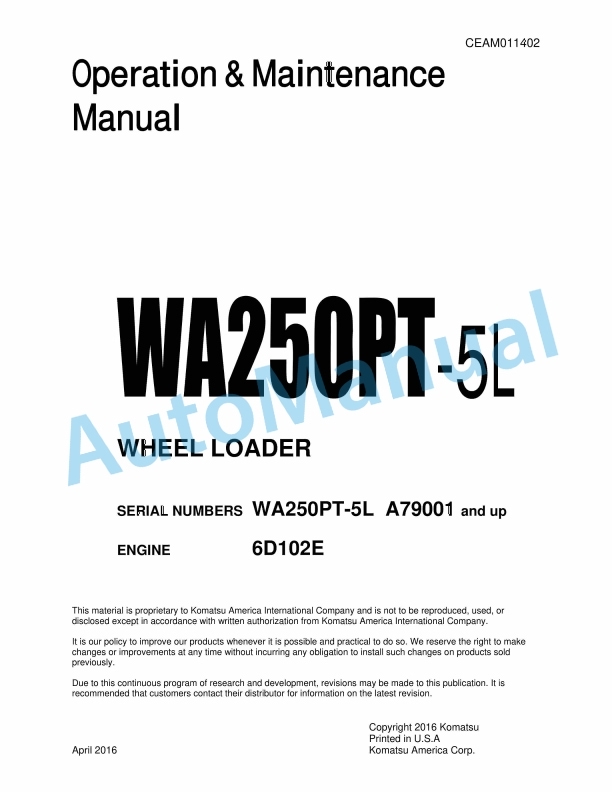 Komatsu WA250PT-5L Wheel Loader Operation and Maintenance Manual CEAM011402