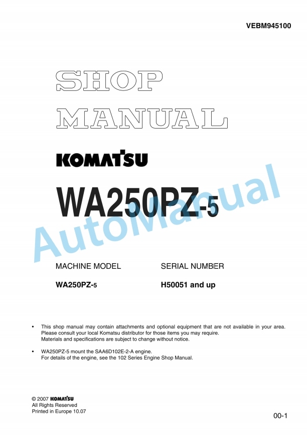 Komatsu WA250PZ-5 Wheel Loader Shop Manual VEBM945100 1 Komatsu WA250PZ-5 Wheel Loader Shop Manual VEBM945100
