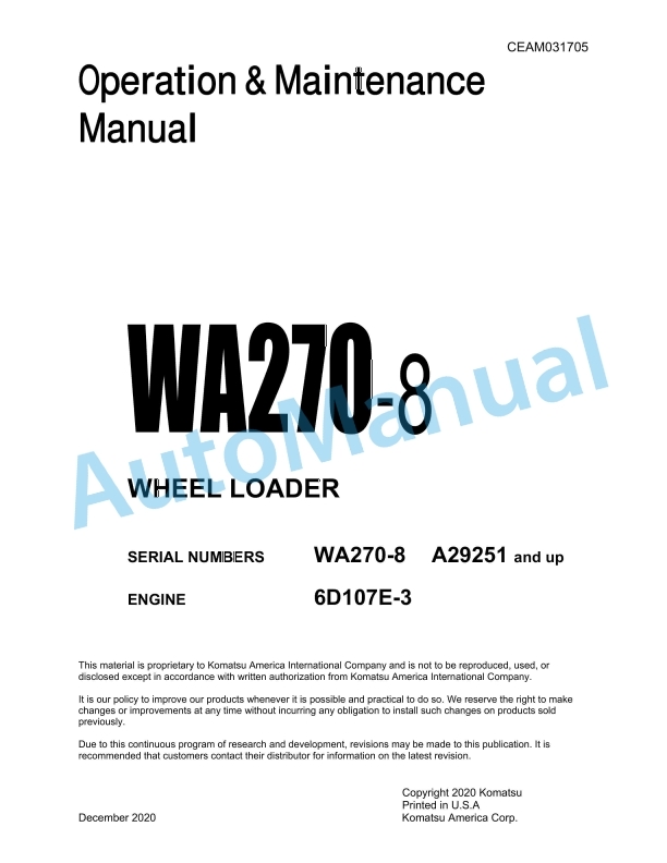 Komatsu WA270-8 Wheel Loader Operation and Maintenance Manual CEAM031705