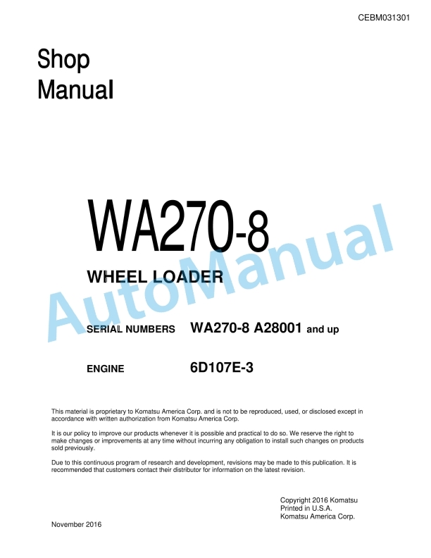 Komatsu WA270-8 Wheel Loader Shop Manual CEBM031301 1 Komatsu WA270-8 Wheel Loader Shop Manual CEBM031301