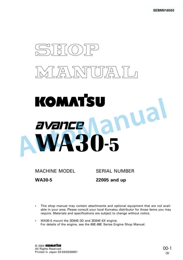 Komatsu WA30-5 Avance Wheel Loader Shop Manual SEBM016503 1 Komatsu WA30-5 Avance Wheel Loader Shop Manual SEBM016503