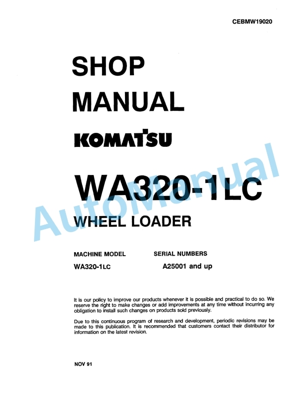 Komatsu WA320-1LC Wheel Loader Shop Manual CEBMW19020 1 Komatsu WA320-1LC Wheel Loader Shop Manual CEBMW19020