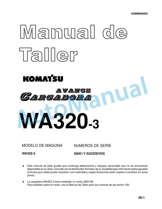 Komatsu WA320-3 Avance Loader Shop Manual GSBM006005 1 Komatsu WA320-3 Avance Loader Shop Manual GSBM006005