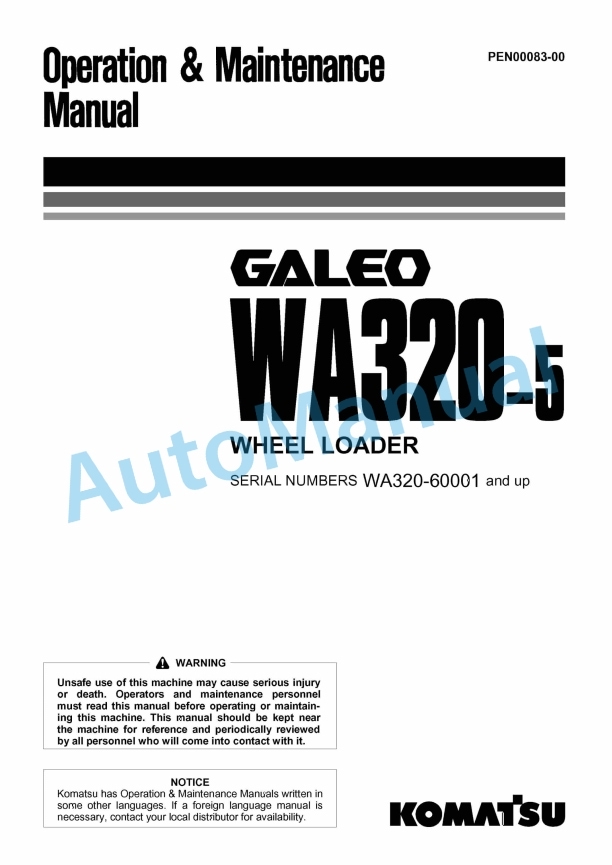 Komatsu WA320-5 Galeo Wheel Loader Operation and Maintenance Manual PEN00083-00