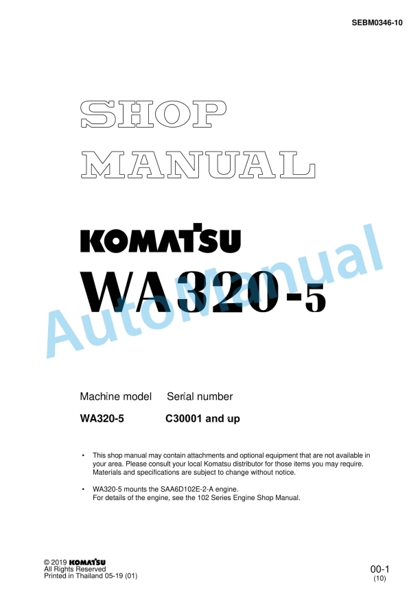 Komatsu WA320-5 Wheel Loader Shop Manual SEBM0346-10 1 Komatsu WA320-5 Wheel Loader Shop Manual SEBM0346-10