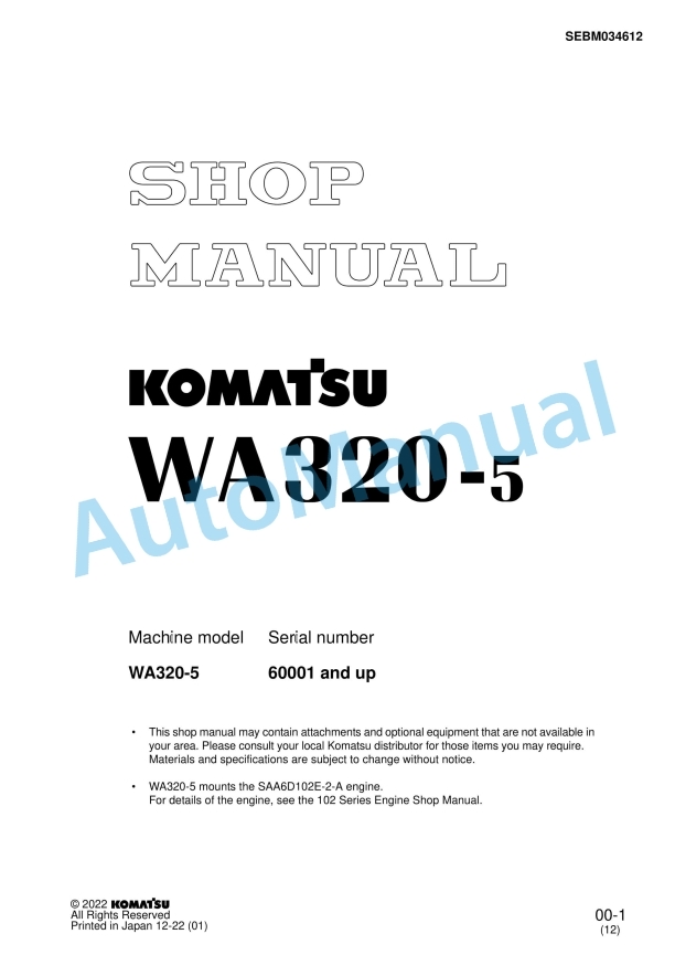 Komatsu WA320-5 Wheel Loader Shop Manual SEBM034612 1 Komatsu WA320-5 Wheel Loader Shop Manual SEBM034612
