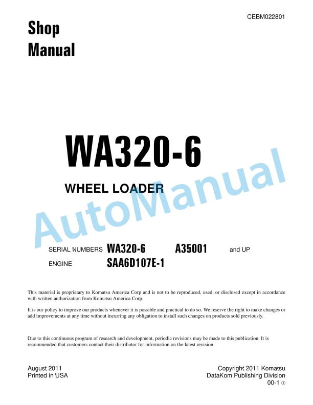 Komatsu WA320-6 Wheel Loader Shop Manual CEBM022801 1 Komatsu WA320-6 Wheel Loader Shop Manual CEBM022801