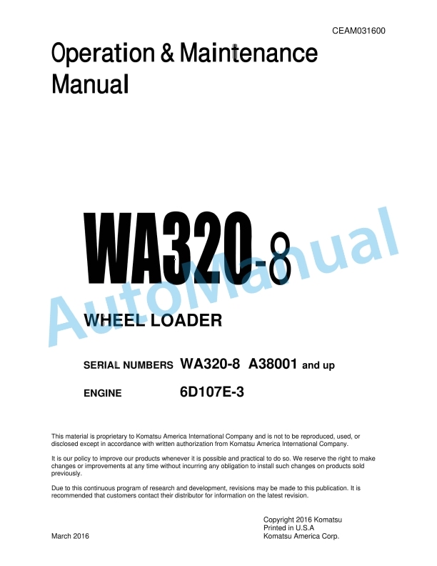 Komatsu WA320-8 Wheel Loader Operation and Maintenance Manual CEAM031600
