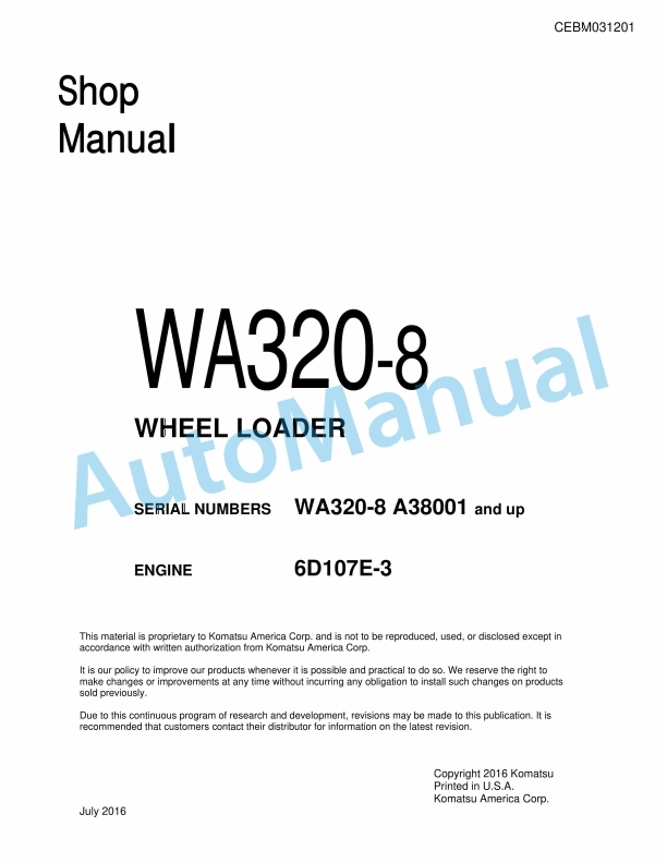 Komatsu WA320-8 Wheel Loader Shop Manual CEBM031201 1 Komatsu WA320-8 Wheel Loader Shop Manual CEBM031201