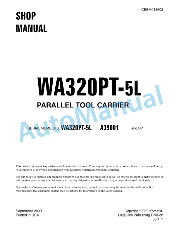 Komatsu WA320PT-5L Parallel Tool Carrier Shop Manual CEBM013602 1 Komatsu WA320PT-5L Parallel Tool Carrier Shop Manual CEBM013602