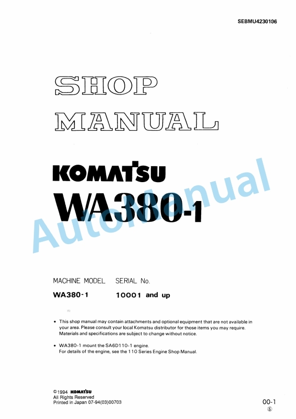 Komatsu WA380-1 Shop Manual SEBMU4230106 1 Komatsu WA380-1 Shop Manual SEBMU4230106