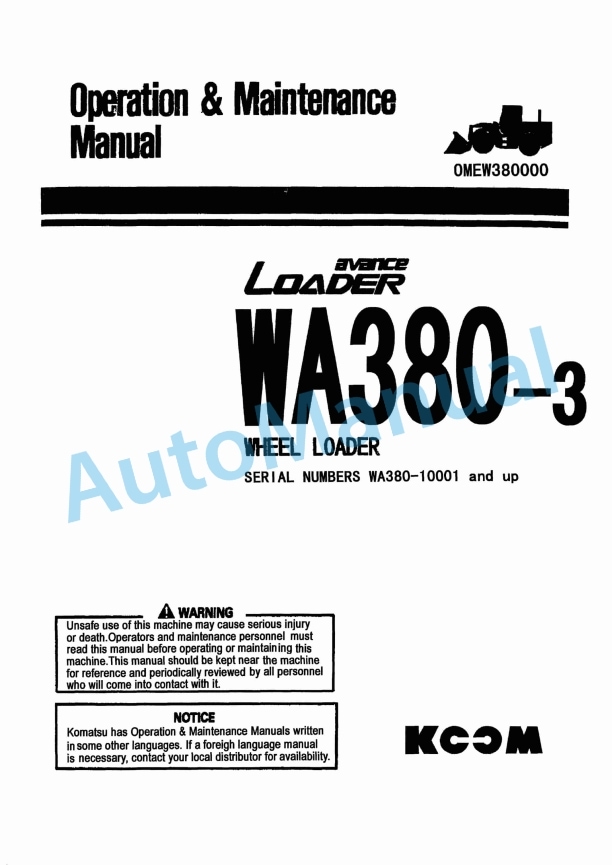 Komatsu WA380-3 Avance Wheel Loader Operation and Maintenance Manual OMEW380000 1 Komatsu WA380-3 Avance Wheel Loader Operation and Maintenance Manual OMEW380000