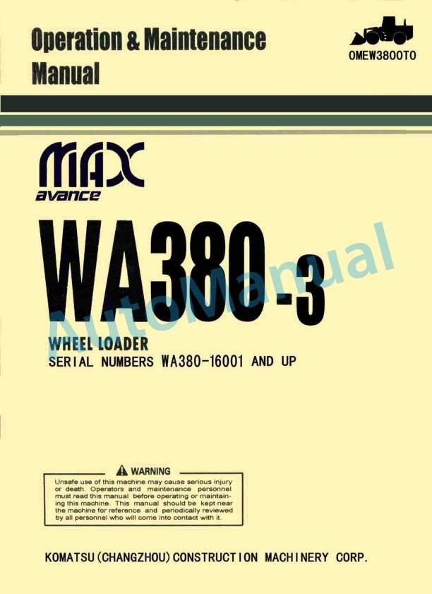 Komatsu WA380-3 Avance Wheel Loader Operation and Maintenance Manual OMEW3800T0 1 Komatsu WA380-3 Avance Wheel Loader Operation and Maintenance Manual OMEW3800T0