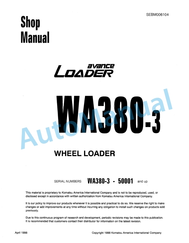 Komatsu WA380-3 Avance Wheel Loader Shop Manual SEBM006104 1 Komatsu WA380-3 Avance Wheel Loader Shop Manual SEBM006104