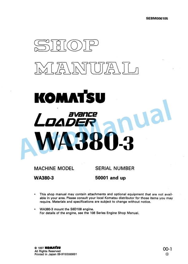 Komatsu WA380-3 Avance Wheel Loader Shop Manual SEBM006105 1 Komatsu WA380-3 Avance Wheel Loader Shop Manual SEBM006105
