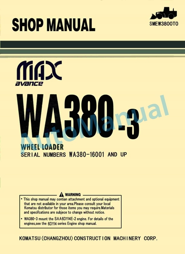 Komatsu WA380-3 Avance Wheel Loader Shop Manual SMEW3800T0 1 Komatsu WA380-3 Avance Wheel Loader Shop Manual SMEW3800T0
