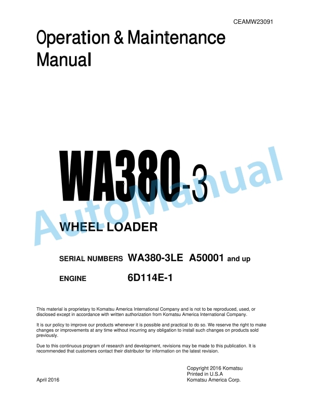 Komatsu WA380-3 Wheel Loader Operation and Maintenance Manual CEAMW23091 1 Komatsu WA380-3 Wheel Loader Operation and Maintenance Manual CEAMW23091