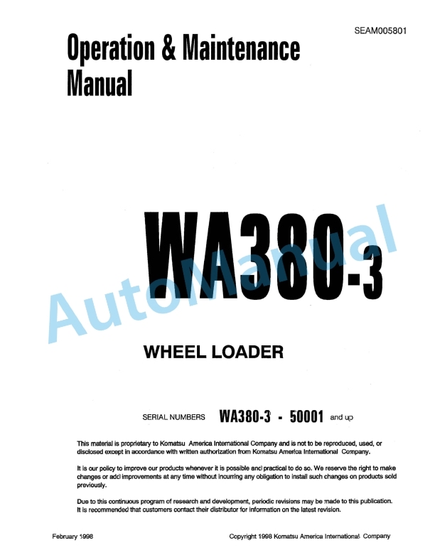 Komatsu WA380-3 Wheel Loader Operation and Maintenance Manual SEAM005801 1 Komatsu WA380-3 Wheel Loader Operation and Maintenance Manual SEAM005801