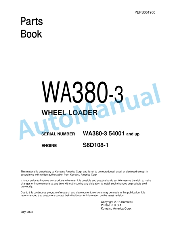 Komatsu WA380-3 Wheel Loader Parts Manual PEPB051900 1 Komatsu WA380-3 Wheel Loader Parts Manual PEPB051900