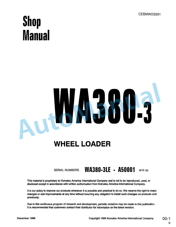 Komatsu WA380-3 Wheel Loader Shop Manual CEBMW23091 1 Komatsu WA380-3 Wheel Loader Shop Manual CEBMW23091