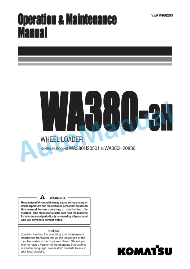 Komatsu WA380-3H Wheel Loader Operation and Maintenance Manual VEAM460200