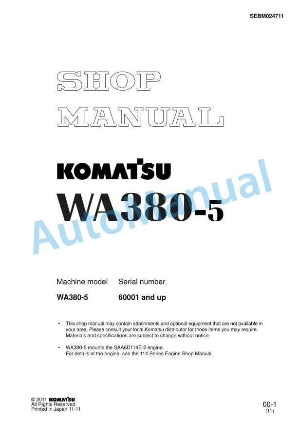 Komatsu WA380-5 Wheel Loader Shop Manual SEBM024711 1 Komatsu WA380-5 Wheel Loader Shop Manual SEBM024711