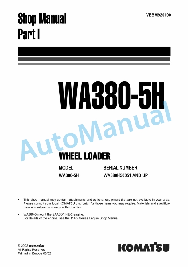 Komatsu WA380-5H Wheel Loader Shop Manual VEBM920100 1 Komatsu WA380-5H Wheel Loader Shop Manual VEBM920100