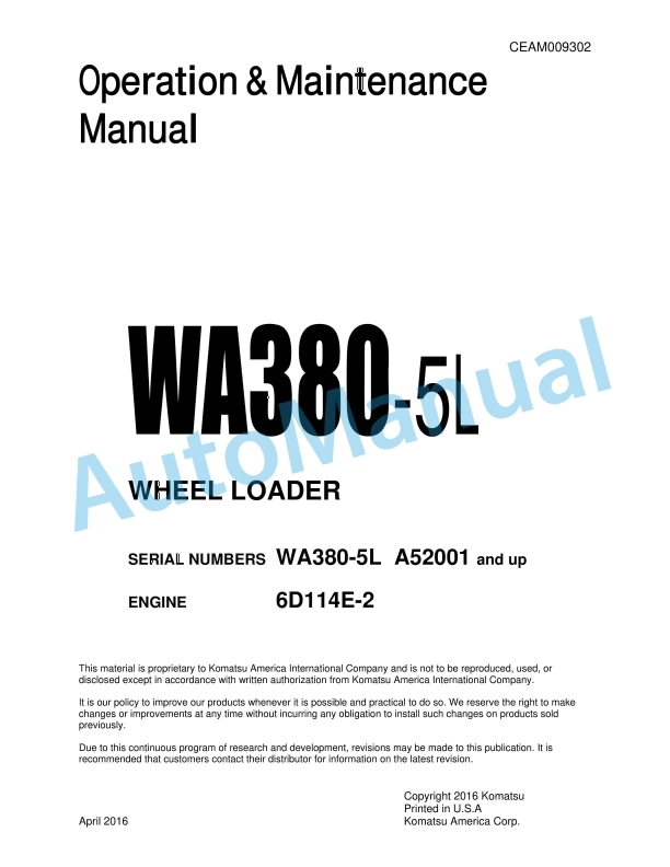 Komatsu WA380-5L Wheel Loader Operation and Maintenance Manual CEAM009302 1 Komatsu WA380-5L Wheel Loader Operation and Maintenance Manual CEAM009302