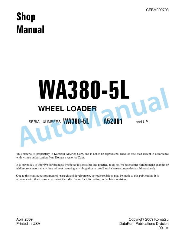 Komatsu WA380-5L Wheel Loader Shop Manual CEBM009703 1 Komatsu WA380-5L Wheel Loader Shop Manual CEBM009703