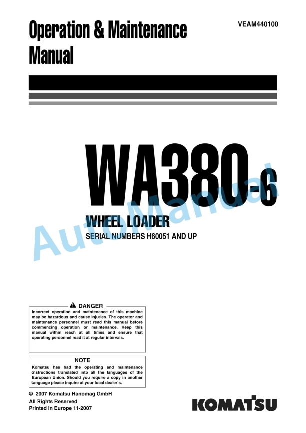 Komatsu WA380-6 Wheel Loader Operation and Maintenance Manual VEAM440100