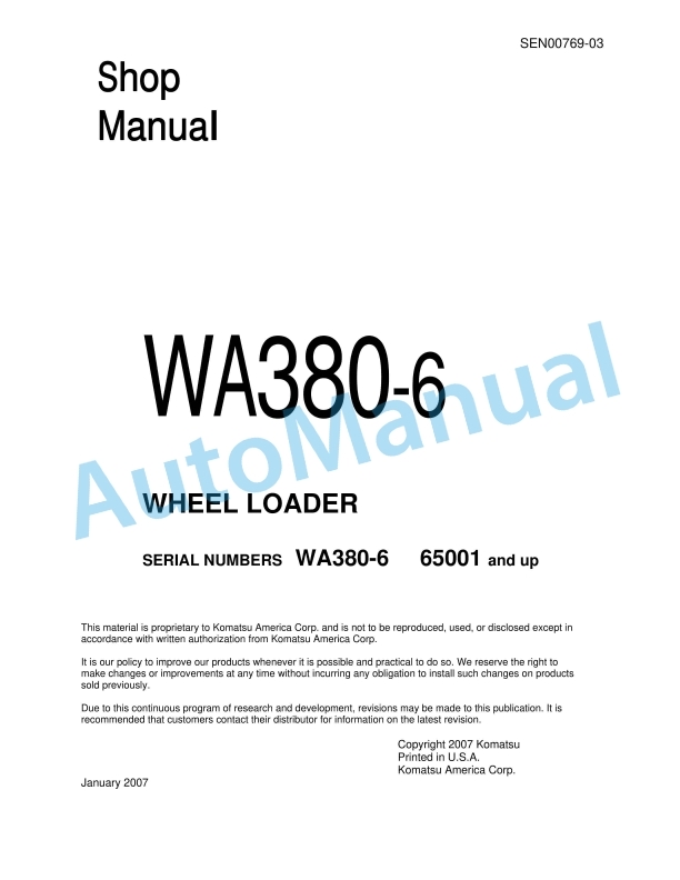 Komatsu WA380-6 Wheel Loader Shop Manual SEN00769-03 1 Komatsu WA380-6 Wheel Loader Shop Manual SEN00769-03