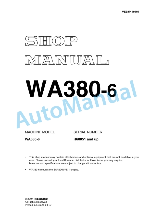 Komatsu WA380-6 Wheel Loader Shop Manual VEBM440101 1 Komatsu WA380-6 Wheel Loader Shop Manual VEBM440101
