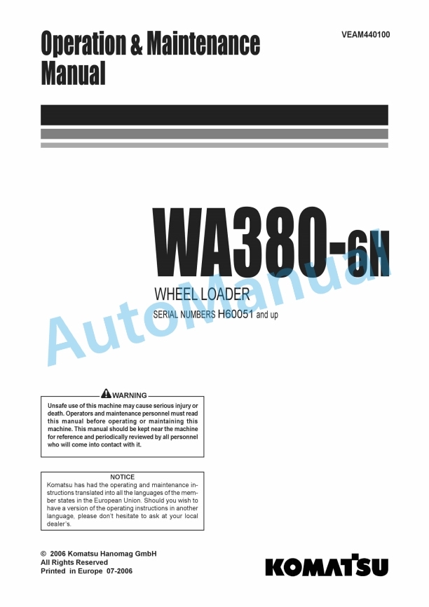 Komatsu WA380-6H Wheel Loader Operation and Maintenance Manual VEAM440100