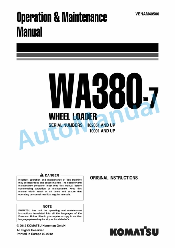 Komatsu WA380-7 Wheel Loader Operation and Maintenance Manual VENAM40500 1 Komatsu WA380-7 Wheel Loader Operation and Maintenance Manual VENAM40500