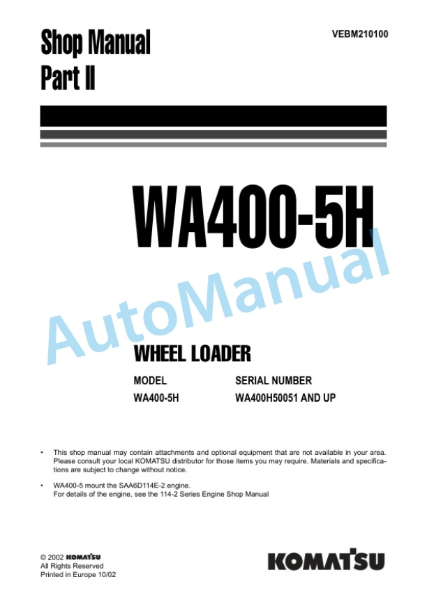 Komatsu WA400-5H Part I Wheel Loader Shop Manual VEBM210100 5 Komatsu WA400-5H Part I Wheel Loader Shop Manual VEBM210100 - Image 5