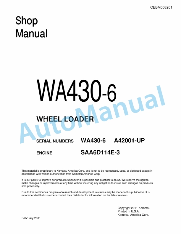 Komatsu WA430-6 Wheel Loader Shop Manual CEBM008201