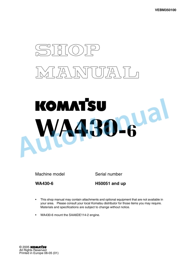 Komatsu WA430-6 Wheel Loader Shop Manual VEBM350100