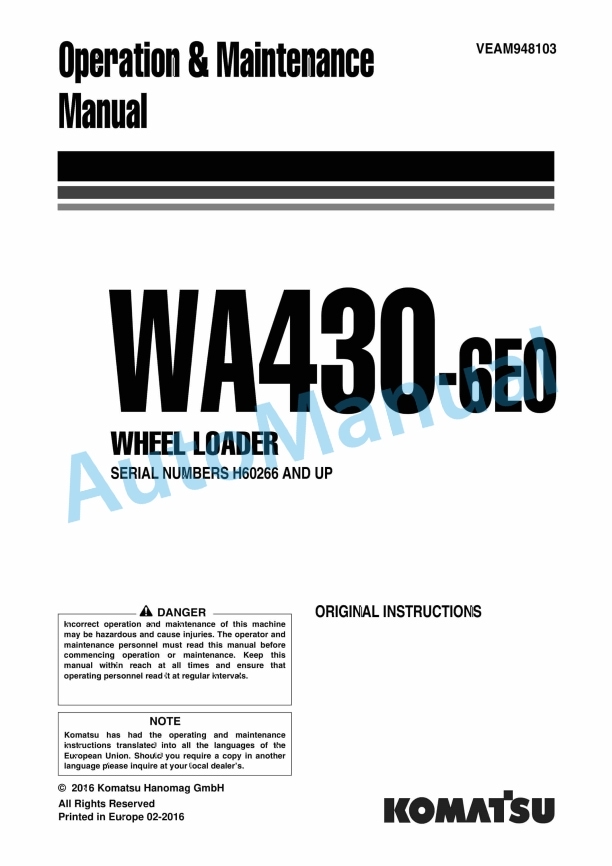Komatsu WA430-6E0 Wheel Loader Operation and Maintenance Manual VEAM948103 1 Komatsu WA430-6E0 Wheel Loader Operation and Maintenance Manual VEAM948103