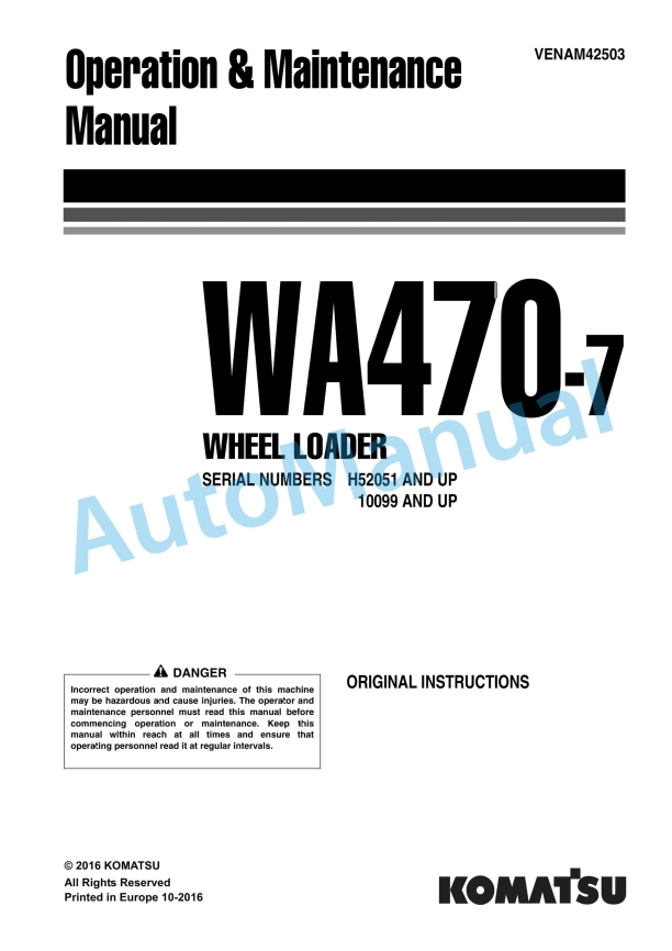Komatsu WA470-7 Wheel Loader Operation and Maintenance Manual VENAM42503 1 Komatsu WA470-7 Wheel Loader Operation and Maintenance Manual VENAM42503