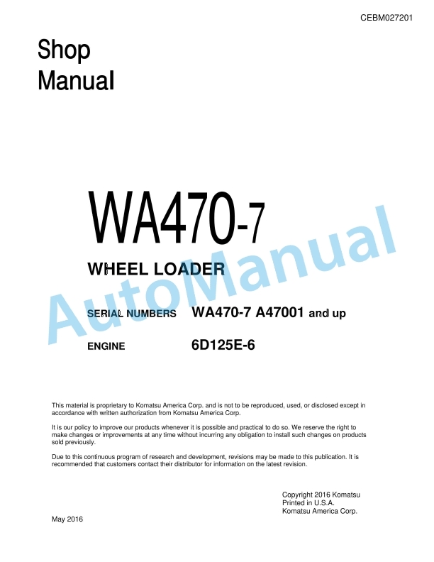 Komatsu WA470-7 Wheel Loader Shop Manual CEBM027201
