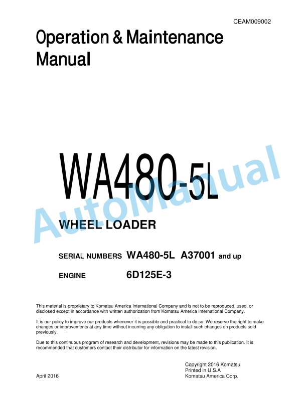 Komatsu WA480-5L Wheel Loader Operation and Maintenance Manual CEAM009002