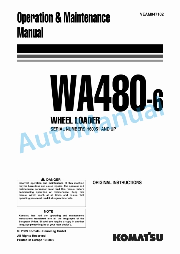 Komatsu WA480-6 Wheel Loader Operation and Maintenance Manual VEAM947102 1 Komatsu WA480-6 Wheel Loader Operation and Maintenance Manual VEAM947102
