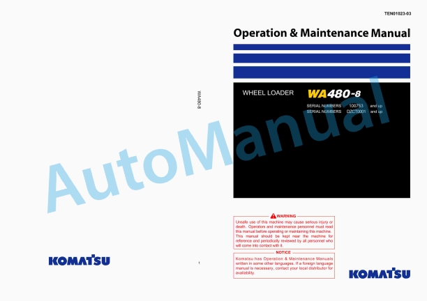 Komatsu WA480-8 Wheel Loader Operation and Maintenance Manual TEN01023-03