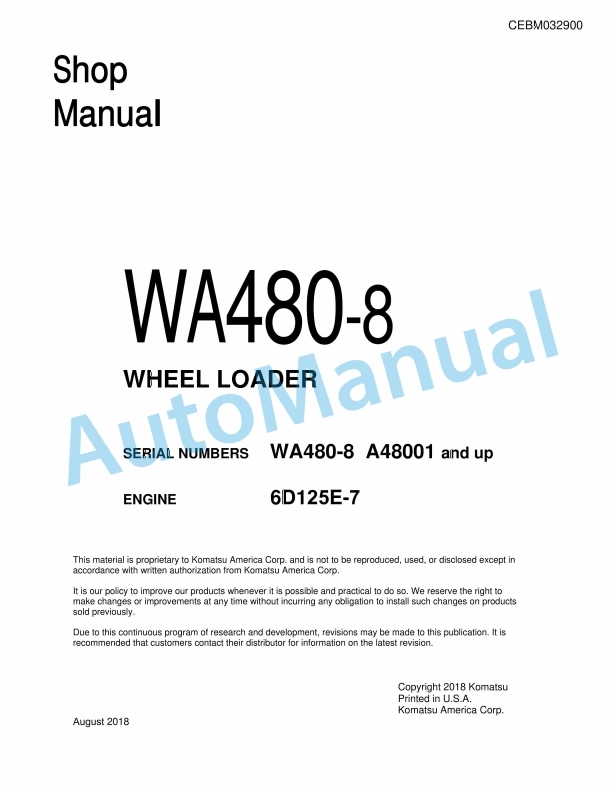 Komatsu WA480-8 Wheel Loader Shop Manual CEBM032900