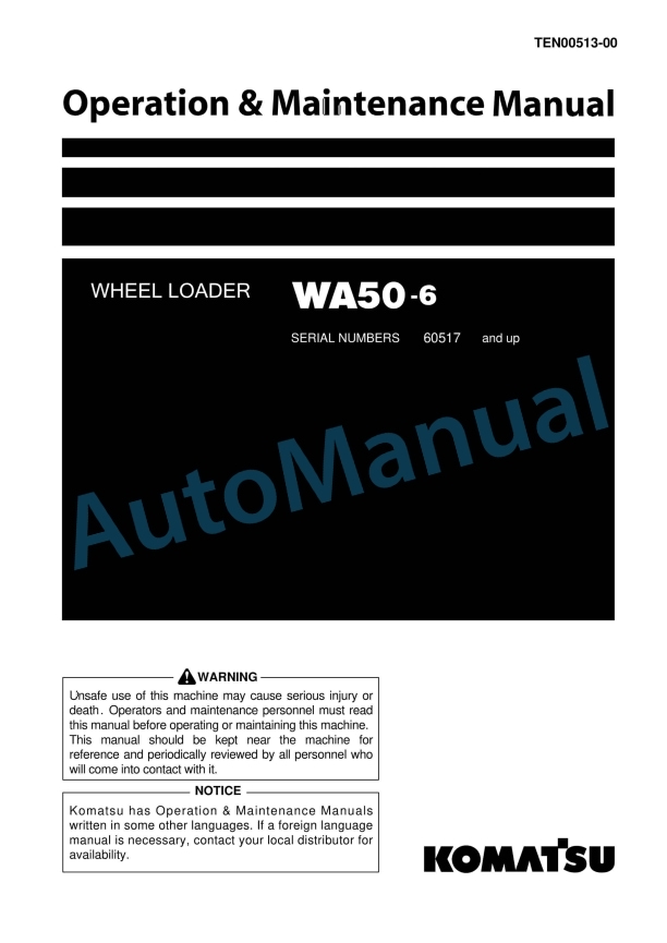 Komatsu WA50-6 Wheel Loader Operation and Maintenance Manual TEN00513-00