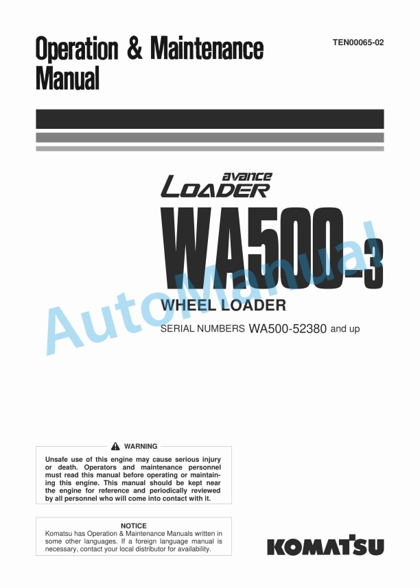 Komatsu WA500-3 Avance Wheel Loader Operation and Maintenance Manual TEN00065-02