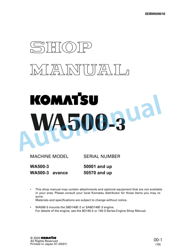Komatsu WA500-3 Wheel Loader Shop Manual SEBM009016