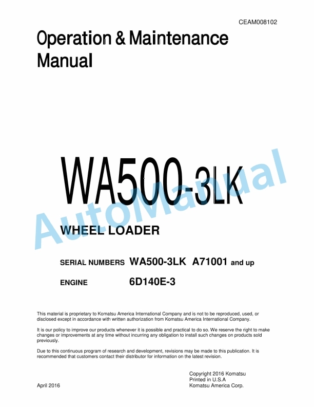 Komatsu WA500-3LK Wheel Loader Operation and Maintenance Manual CEAM008102